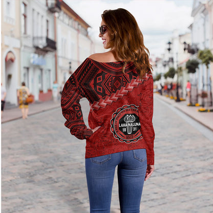 Hawaii Off Shoulder Sweatshirt Lahainaluna High School With Polynesian Tribal
