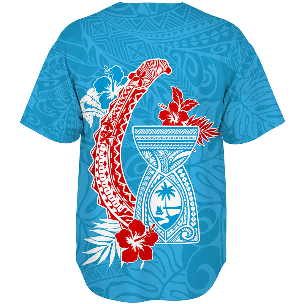 Guam Baseball Shirt Hook With Latte Stone Hibiscus Tropical Blue