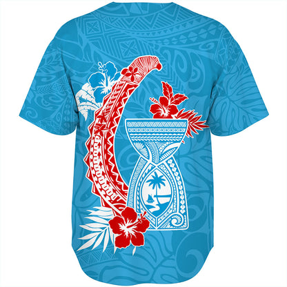 Guam Baseball Shirt Hook With Latte Stone Hibiscus Tropical Blue