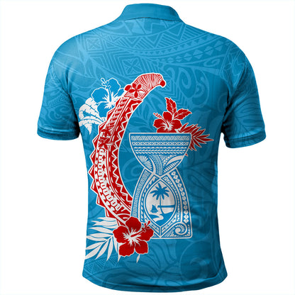 Guam Polo Shirt Hook With Latte Stone Hibiscus Tropical Blue