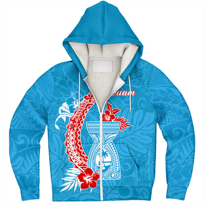 Guam Sherpa Hoodie Hook With Latte Stone Hibiscus Tropical Blue