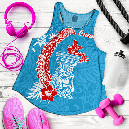 Guam Women Tank Hook With Latte Stone Hibiscus Tropical Blue