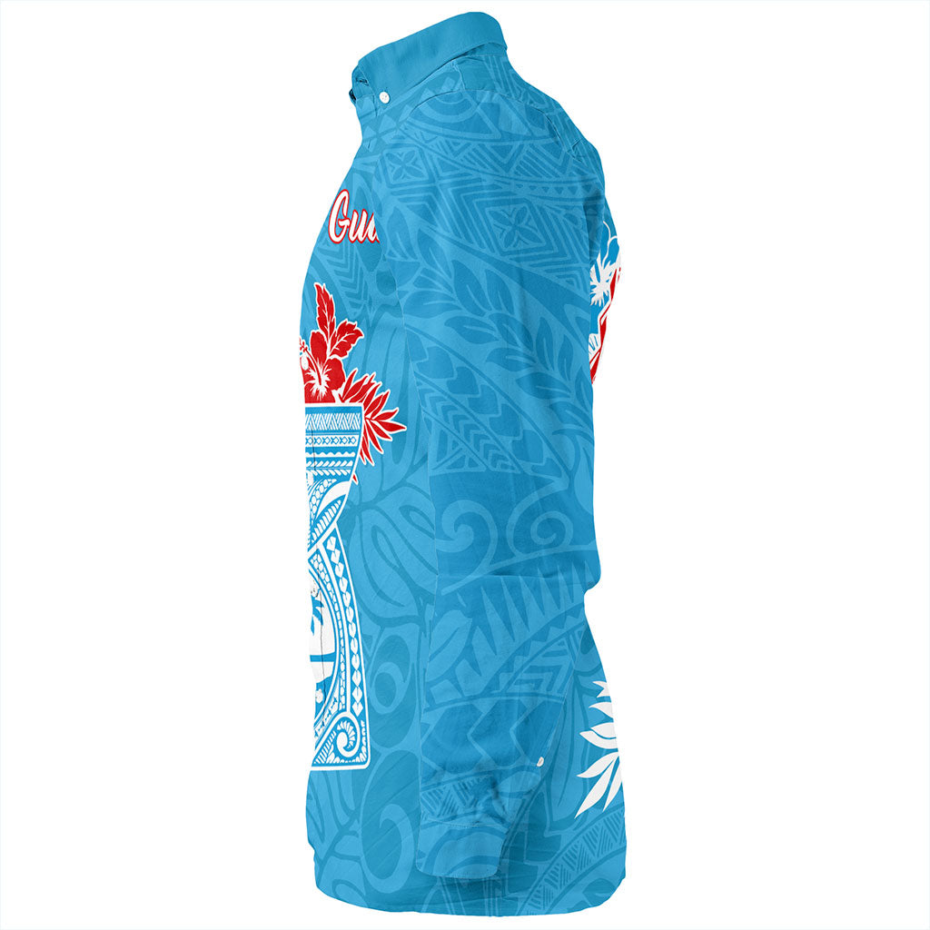 Guam Long Sleeve Shirt Hook With Latte Stone Hibiscus Tropical Blue