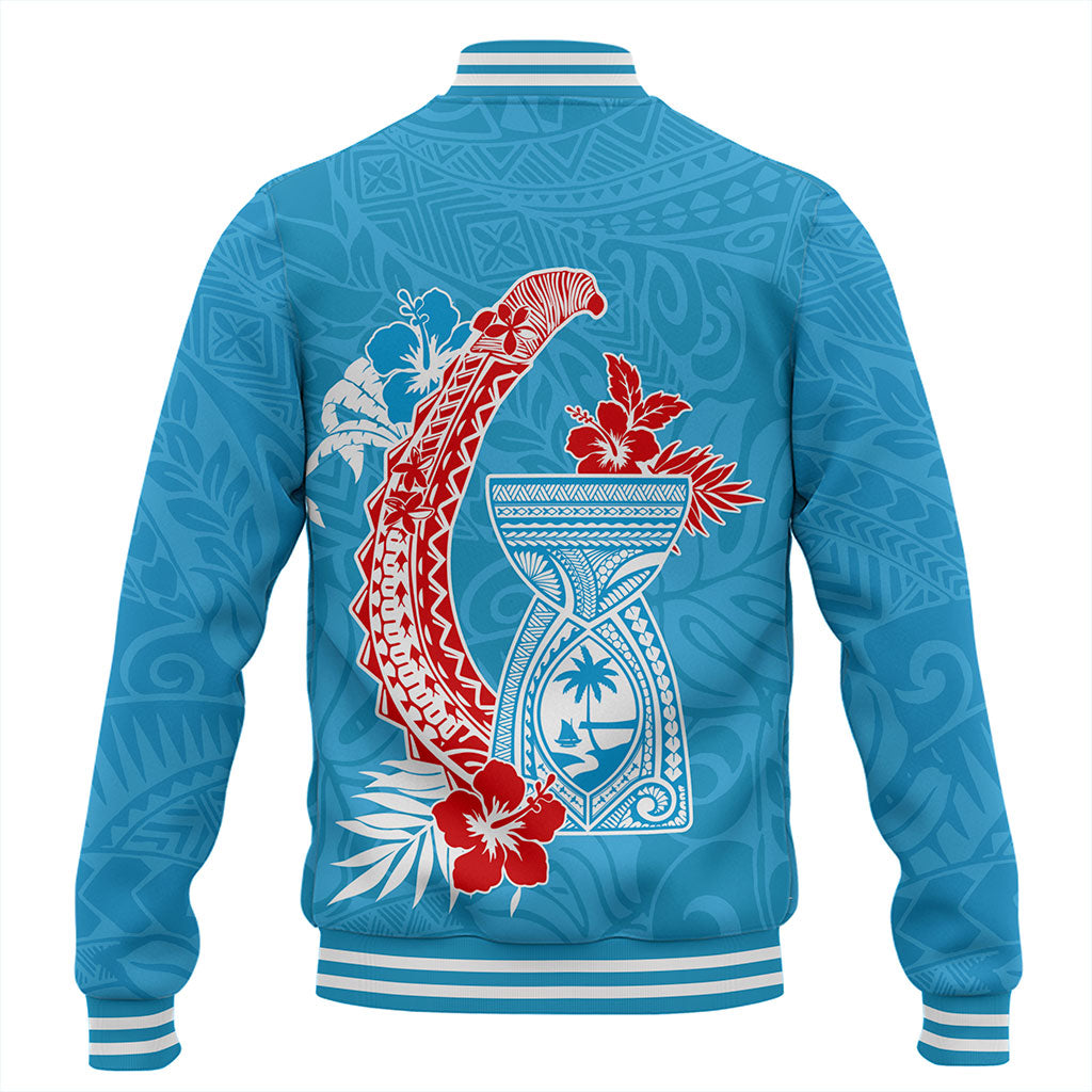 Guam Baseball Jacket Hook With Latte Stone Hibiscus Tropical Blue