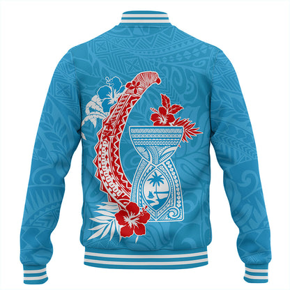 Guam Baseball Jacket Hook With Latte Stone Hibiscus Tropical Blue