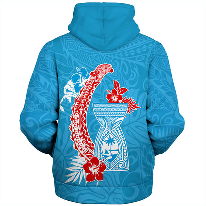 Guam Sherpa Hoodie Hook With Latte Stone Hibiscus Tropical Blue