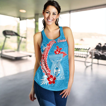 Guam Women Tank Hook With Latte Stone Hibiscus Tropical Blue