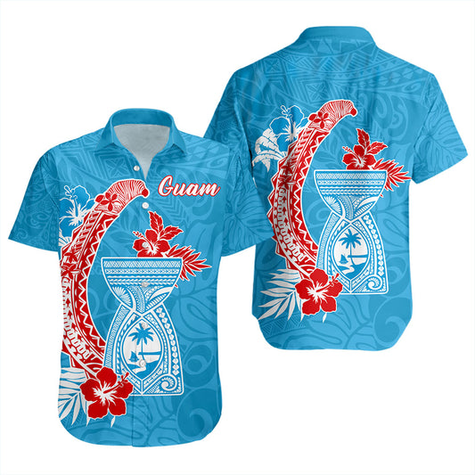 Guam Short Sleeve Shirt Hook With Latte Stone Hibiscus Tropical Blue