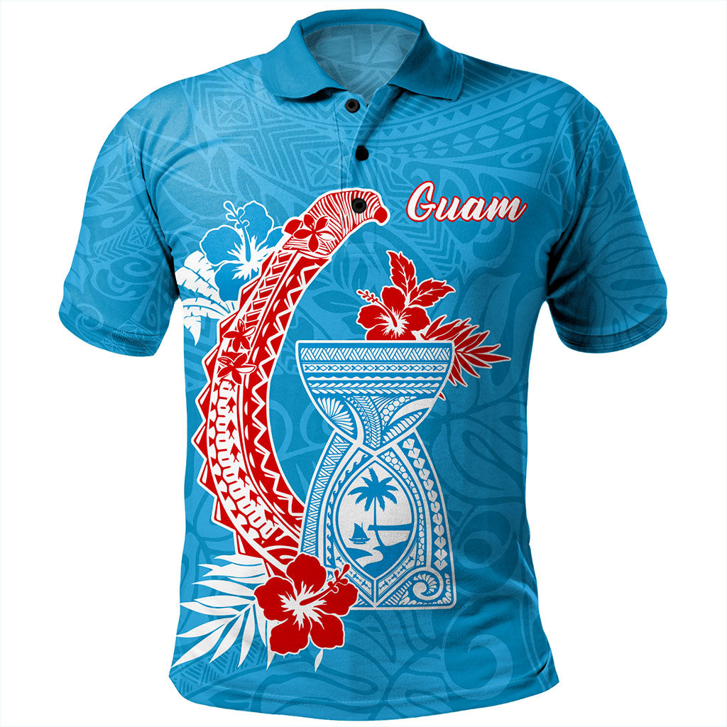 Guam Polo Shirt Hook With Latte Stone Hibiscus Tropical Blue