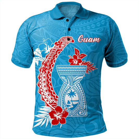 Guam Polo Shirt Hook With Latte Stone Hibiscus Tropical Blue