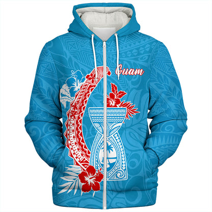 Guam Sherpa Hoodie Hook With Latte Stone Hibiscus Tropical Blue
