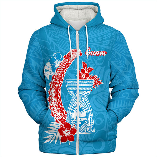 Guam Sherpa Hoodie Hook With Latte Stone Hibiscus Tropical Blue