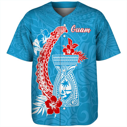 Guam Baseball Shirt Hook With Latte Stone Hibiscus Tropical Blue