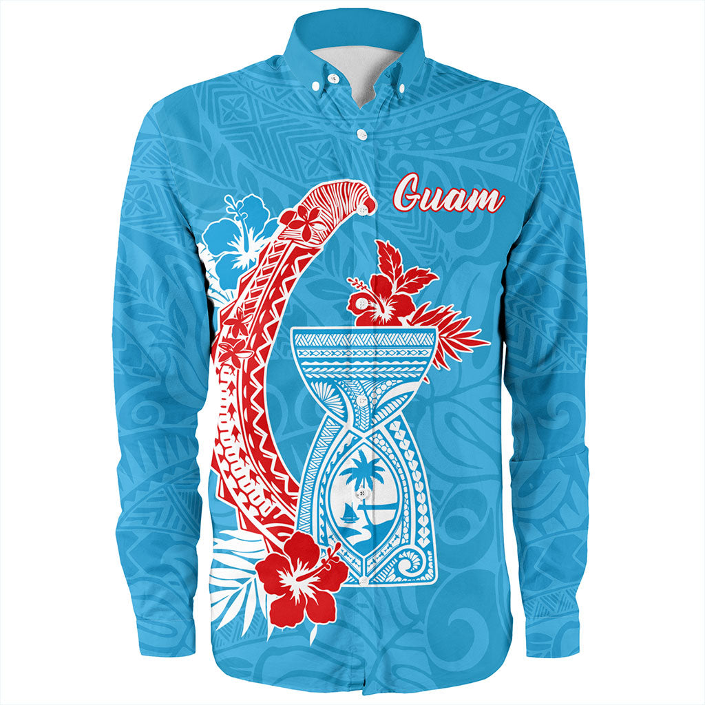 Guam Long Sleeve Shirt Hook With Latte Stone Hibiscus Tropical Blue