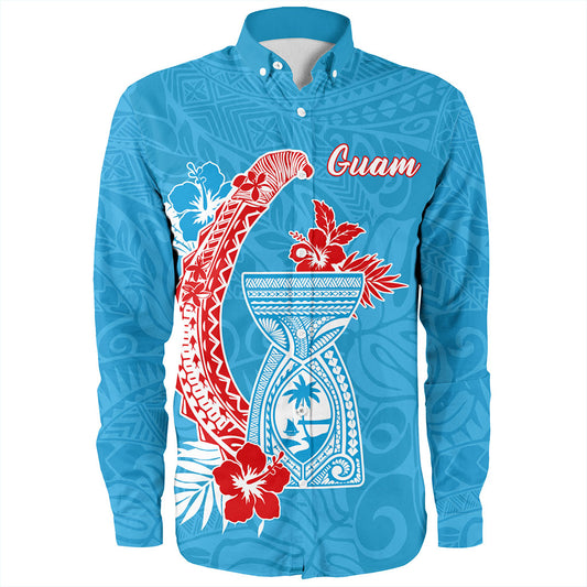 Guam Long Sleeve Shirt Hook With Latte Stone Hibiscus Tropical Blue