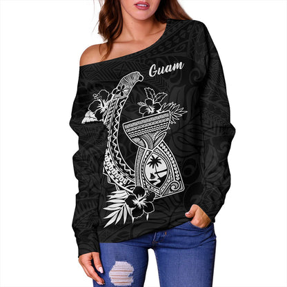 Guam Off Shoulder Sweatshirt Hook With Latte Stone Hibiscus Tropical