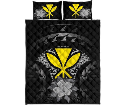 Kanaka Maoli (Hawaii) Polynesian Quilt Bed Set Hibiscus Gray