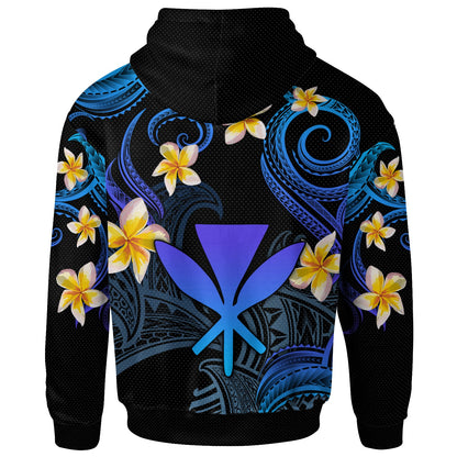 Kanaka Maoli Hoodie - Custom Personalised Polynesian Waves with Plumeria Flowers (Blue)