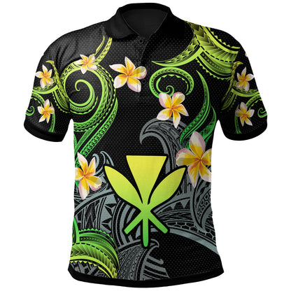Kanaka Maoli Polo Shirt - Custom Personalised Polynesian Waves with Plumeria Flowers (Green)
