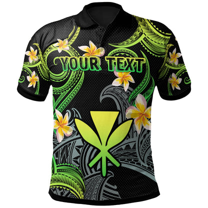 Kanaka Maoli Polo Shirt - Custom Personalised Polynesian Waves with Plumeria Flowers (Green)