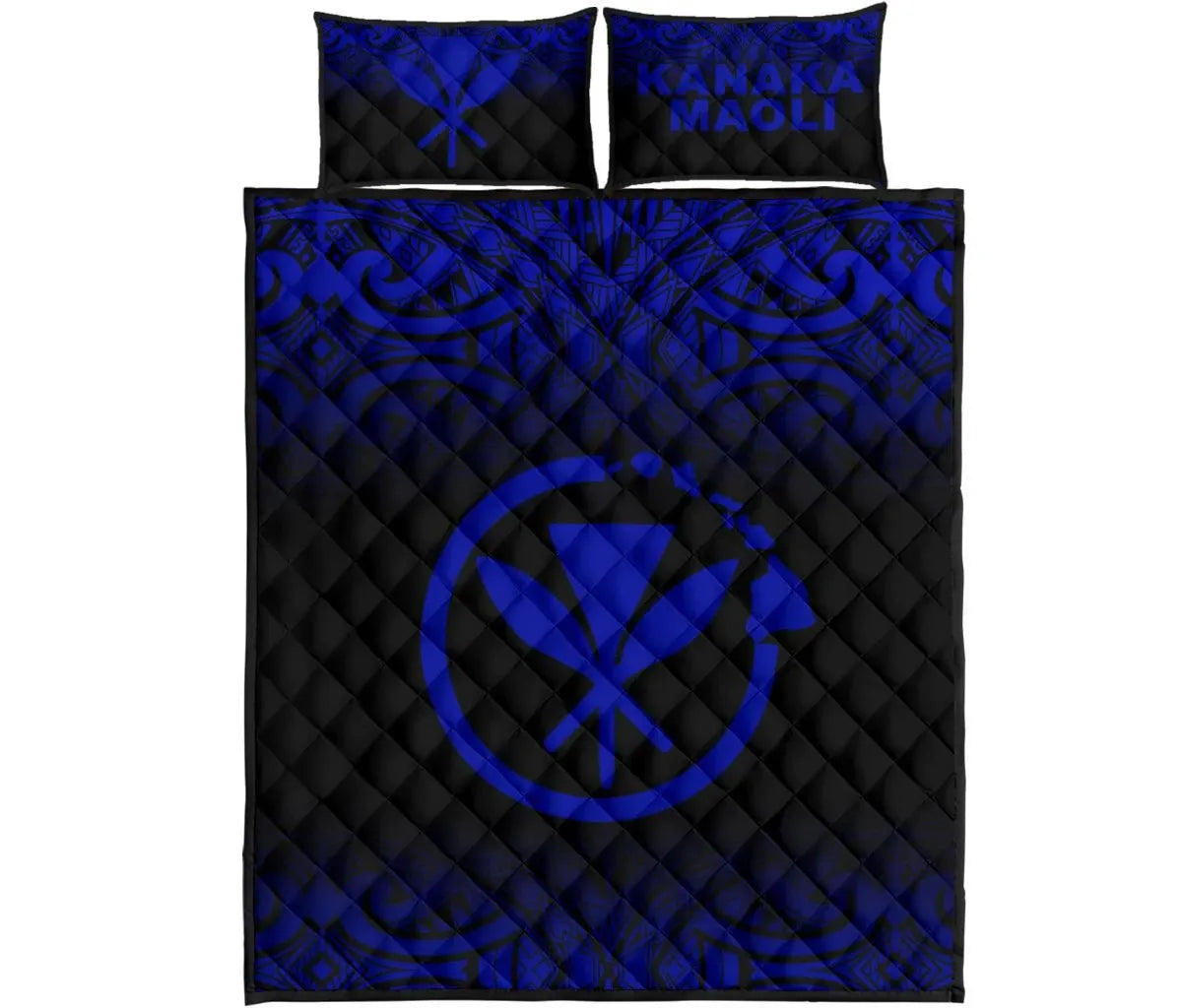 Hawaii Quilt Bed Set - Kanaka Maoli Polynesian Tattoo Black Fog Style Blue Version