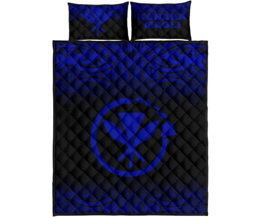 Hawaii Quilt Bed Set - Kanaka Maoli Polynesian Tattoo Black Fog Style Blue Version