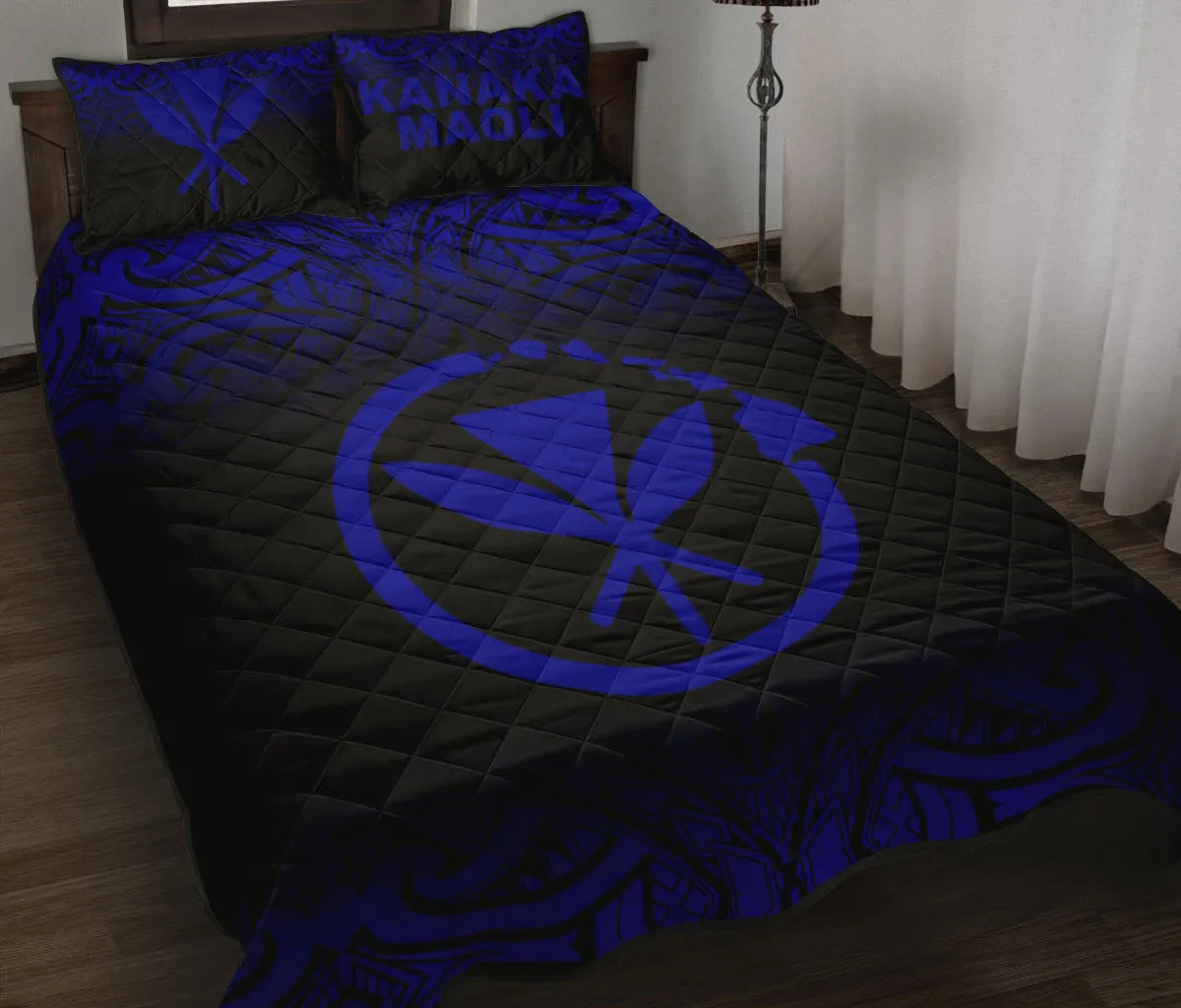 Hawaii Quilt Bed Set - Kanaka Maoli Polynesian Tattoo Black Fog Style Blue Version