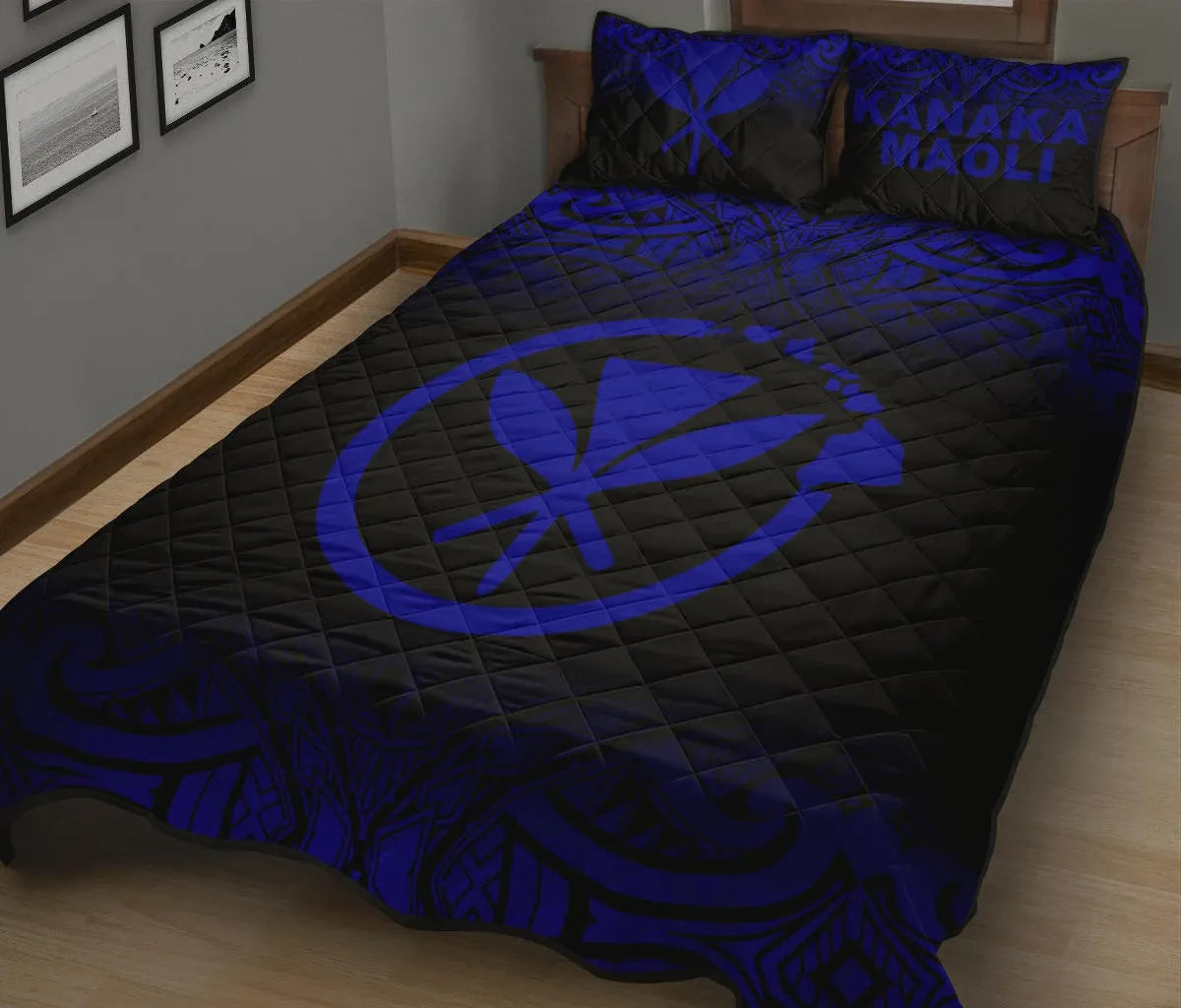 Hawaii Quilt Bed Set - Kanaka Maoli Polynesian Tattoo Black Fog Style Blue Version