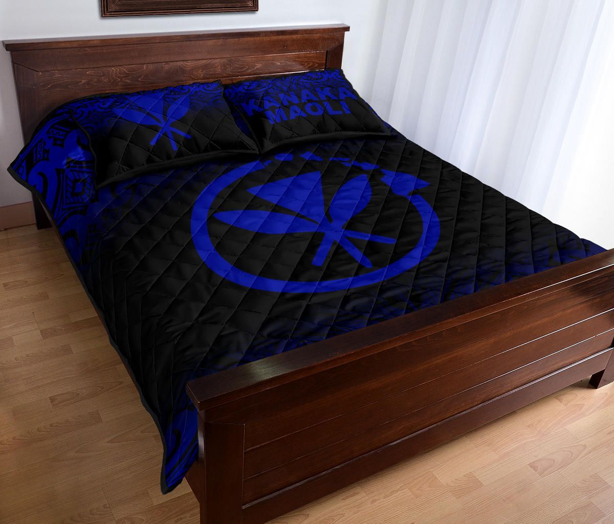 Hawaii Quilt Bed Set - Kanaka Maoli Polynesian Tattoo Black Fog Style Blue Version