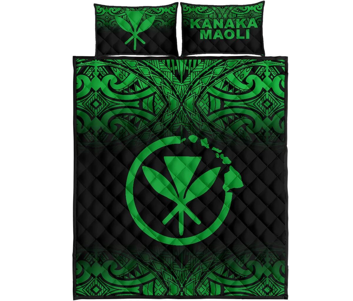 Hawaii Quilt Bed Set - Kanaka Maoli Polynesian Tattoo Black Fog Style Green Version
