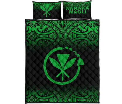Hawaii Quilt Bed Set - Kanaka Maoli Polynesian Tattoo Black Fog Style Green Version