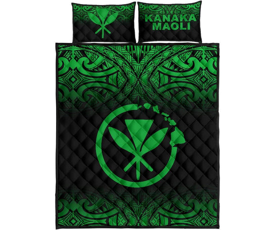 Hawaii Quilt Bed Set - Kanaka Maoli Polynesian Tattoo Black Fog Style Green Version