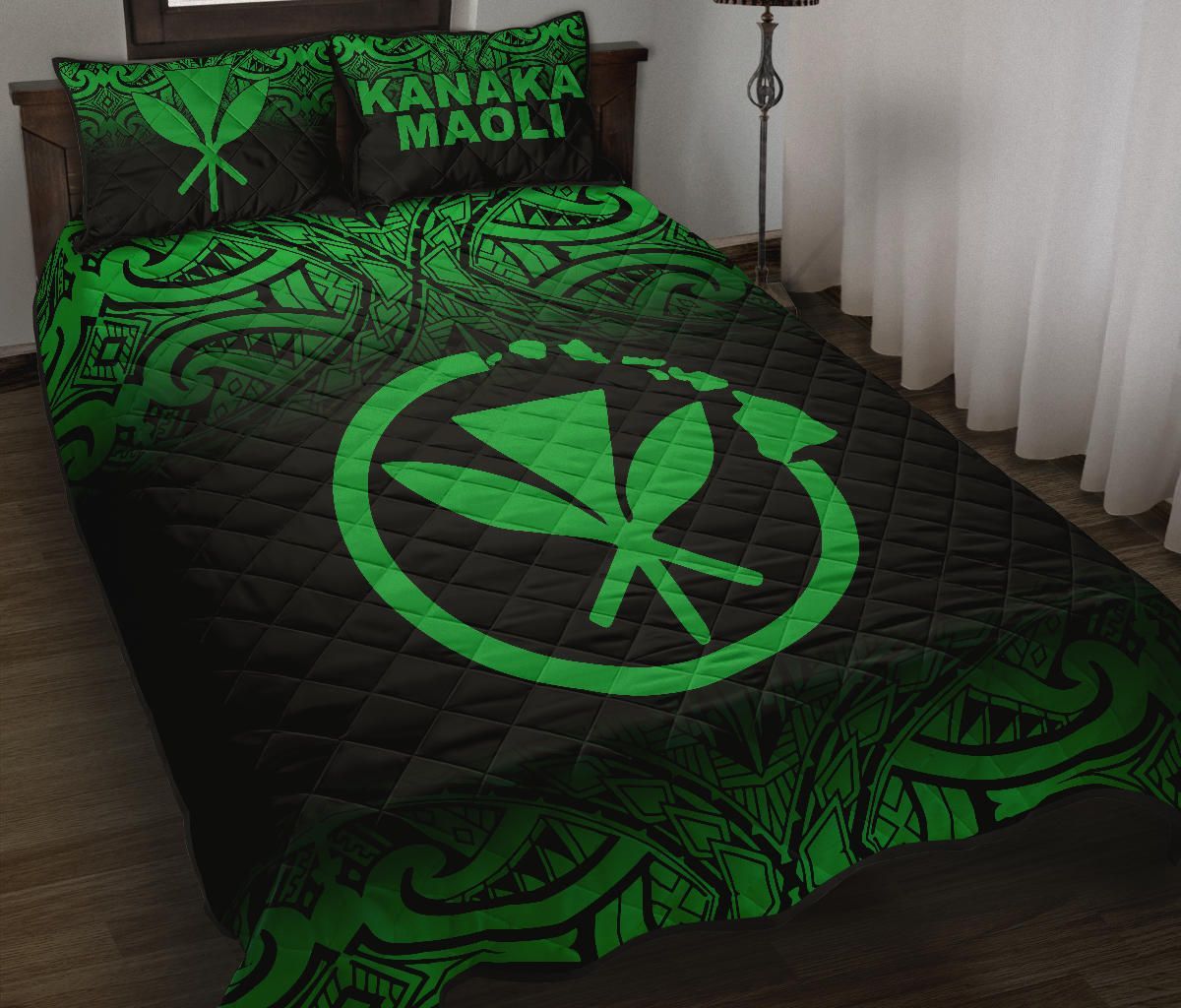 Hawaii Quilt Bed Set - Kanaka Maoli Polynesian Tattoo Black Fog Style Green Version