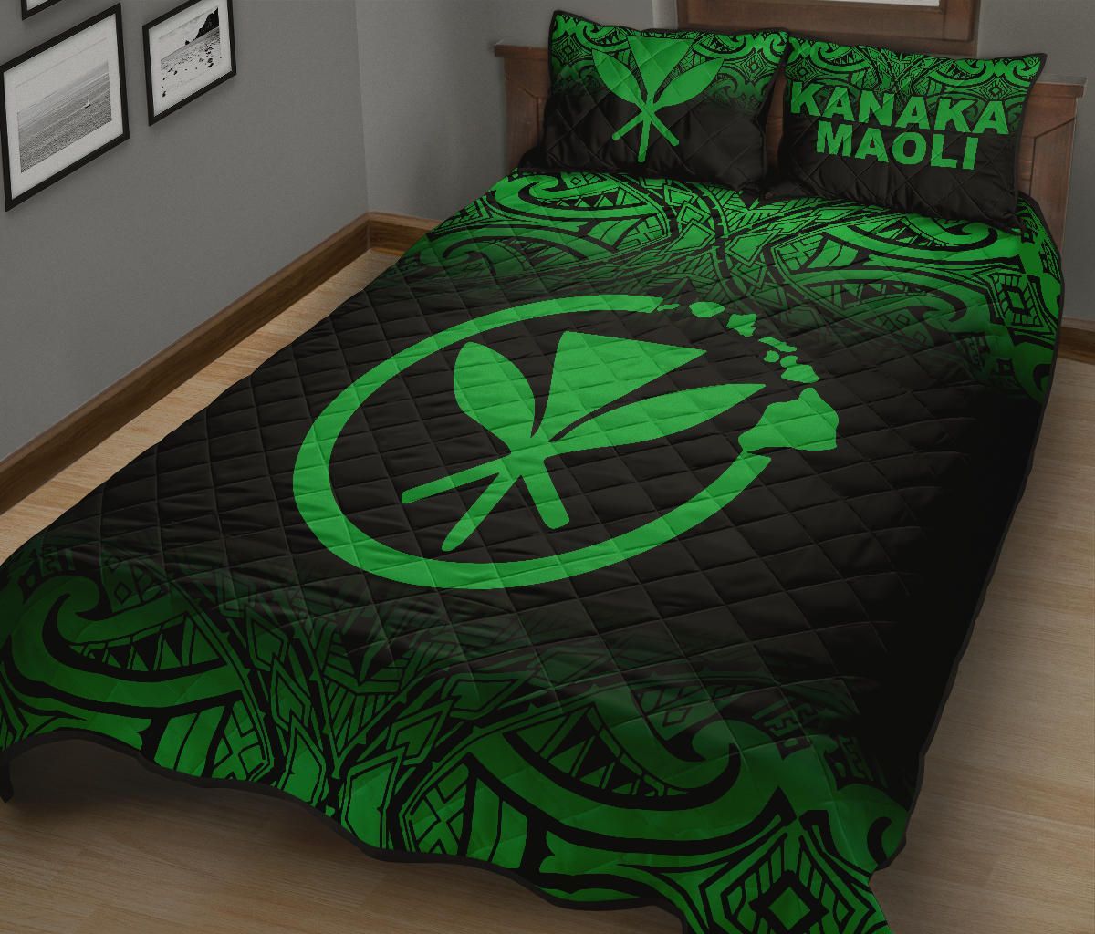 Hawaii Quilt Bed Set - Kanaka Maoli Polynesian Tattoo Black Fog Style Green Version