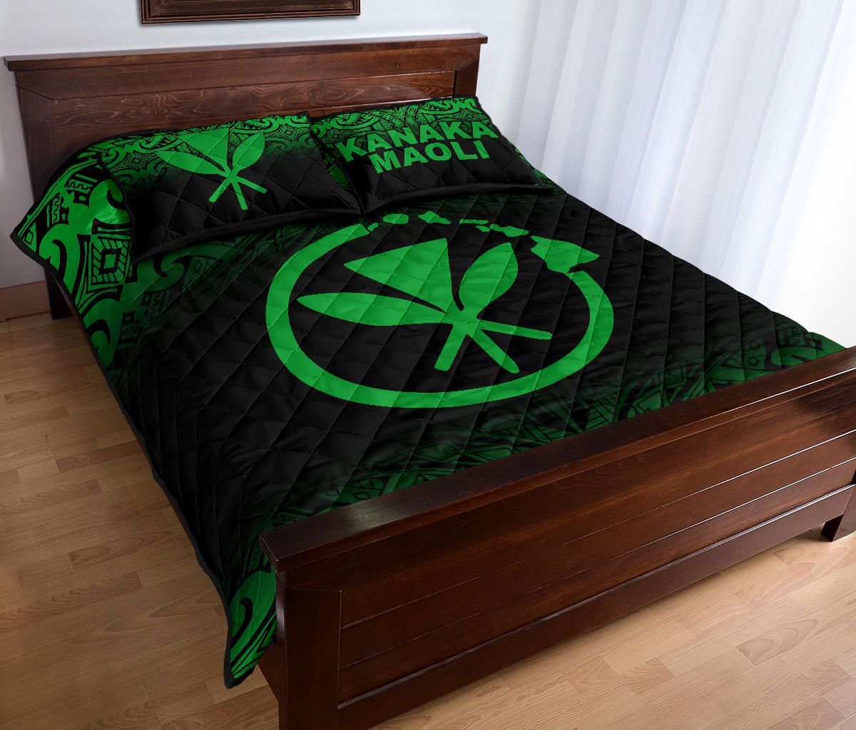Hawaii Quilt Bed Set - Kanaka Maoli Polynesian Tattoo Black Fog Style Green Version