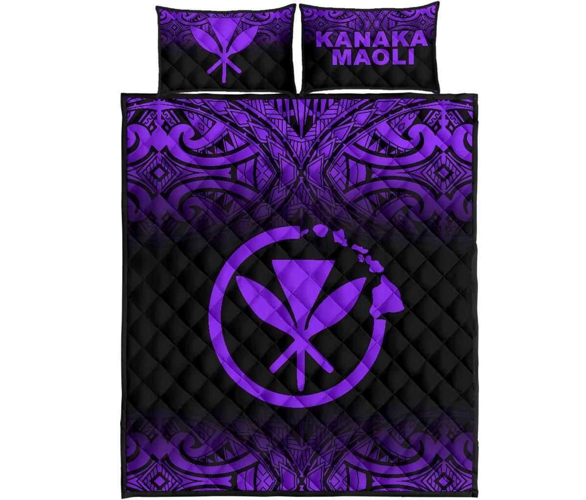 Hawaii Quilt Bed Set - Kanaka Maoli Polynesian Tattoo Black Fog Style Purple Version