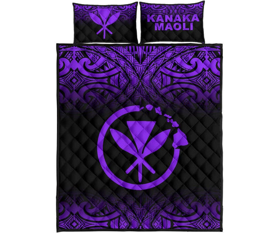 Hawaii Quilt Bed Set - Kanaka Maoli Polynesian Tattoo Black Fog Style Purple Version