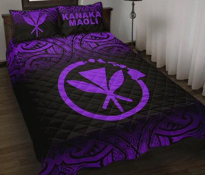 Hawaii Quilt Bed Set - Kanaka Maoli Polynesian Tattoo Black Fog Style Purple Version