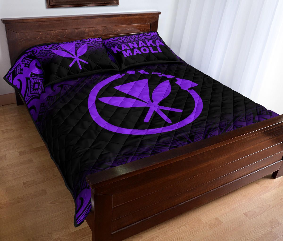 Hawaii Quilt Bed Set - Kanaka Maoli Polynesian Tattoo Black Fog Style Purple Version
