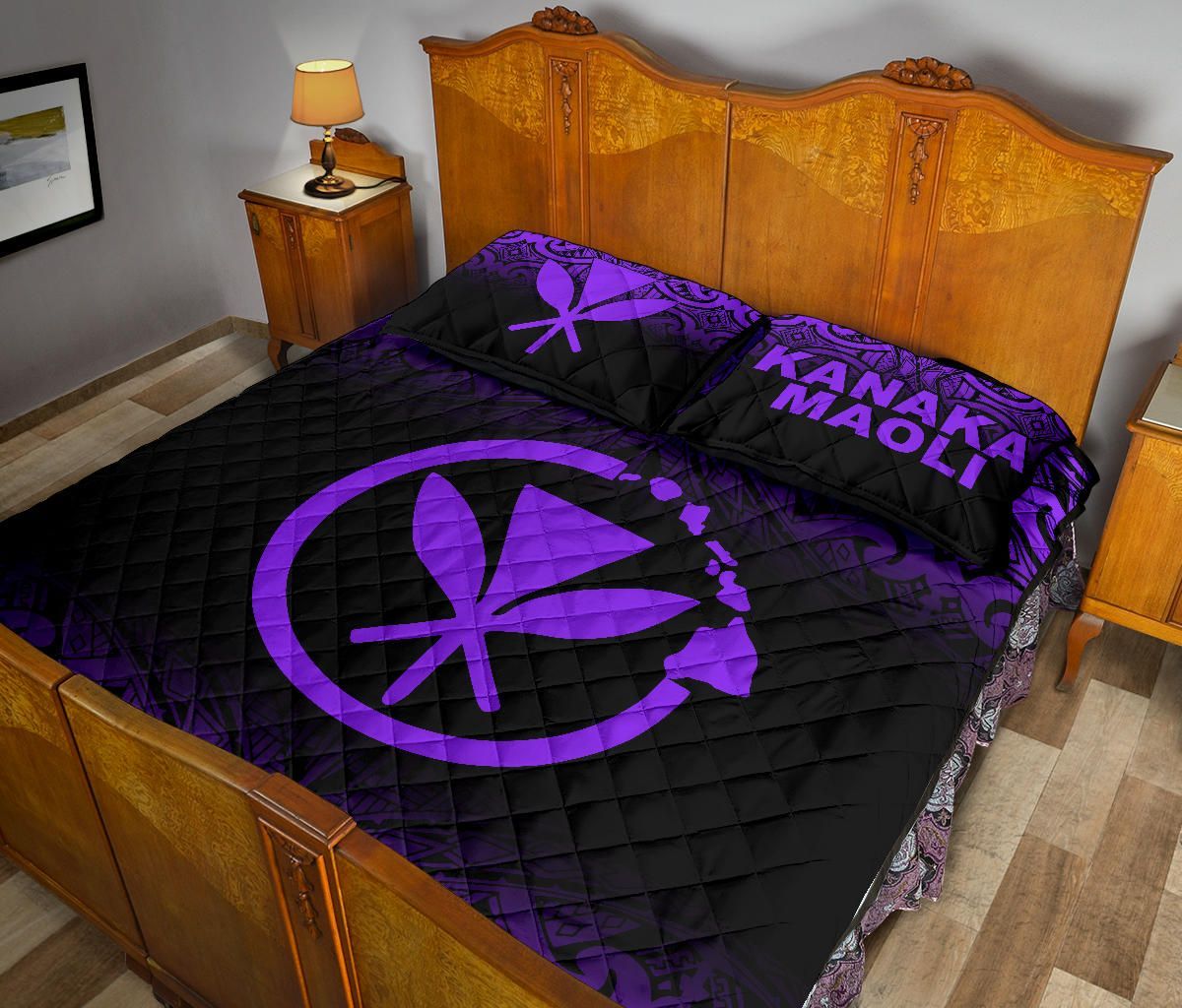 Hawaii Quilt Bed Set - Kanaka Maoli Polynesian Tattoo Black Fog Style Purple Version
