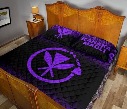 Hawaii Quilt Bed Set - Kanaka Maoli Polynesian Tattoo Black Fog Style Purple Version