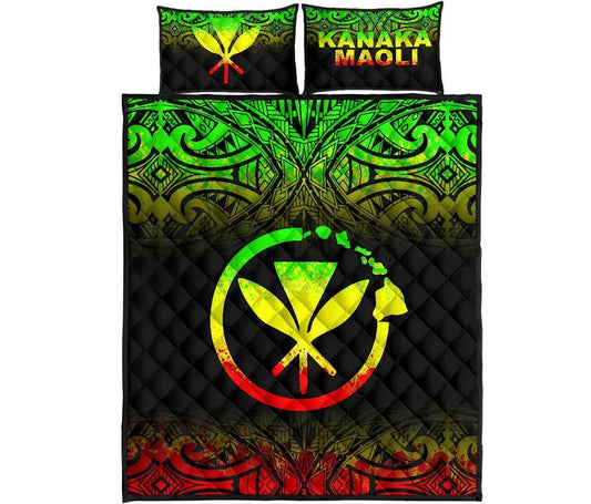 Hawaii Quilt Bed Set - Kanaka Maoli Polynesian Tattoo Black Fog Style Reggae Version