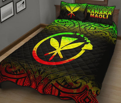 Hawaii Quilt Bed Set - Kanaka Maoli Polynesian Tattoo Black Fog Style Reggae Version