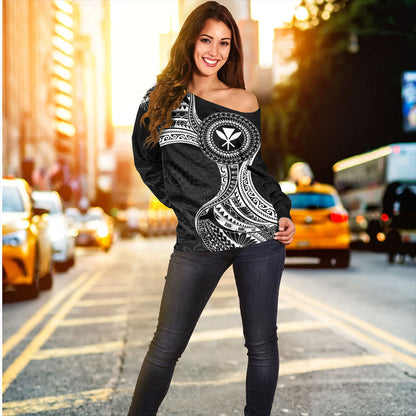 Hawaii Off Shoulder Sweatshirt Kanaka Maoli Round Polynesian Tribal White