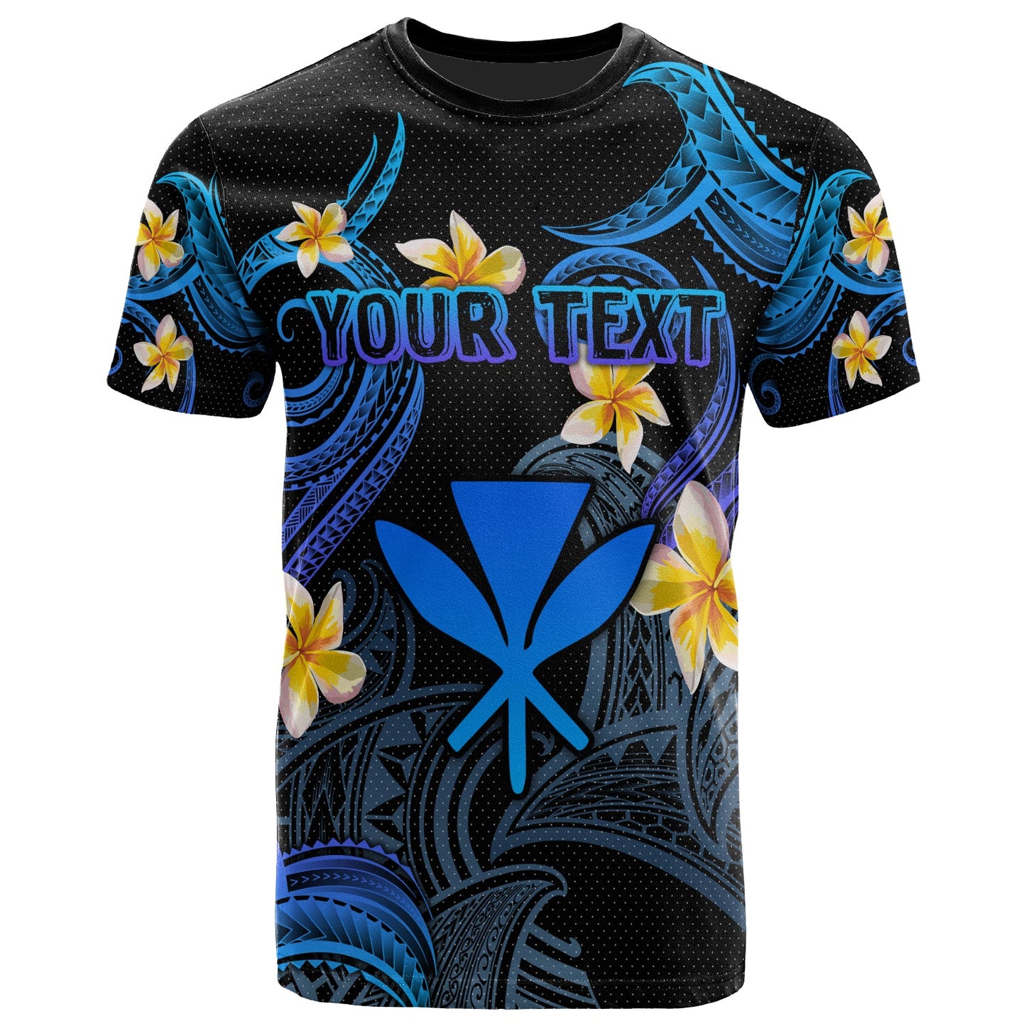 Kanaka Maoli T-shirt - Custom Personalised Polynesian Waves with Plumeria Flowers (Blue)