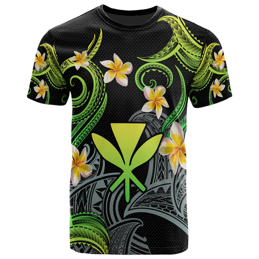 Kanaka Maoli T-shirt - Custom Personalised Polynesian Waves with Plumeria Flowers (Green)
