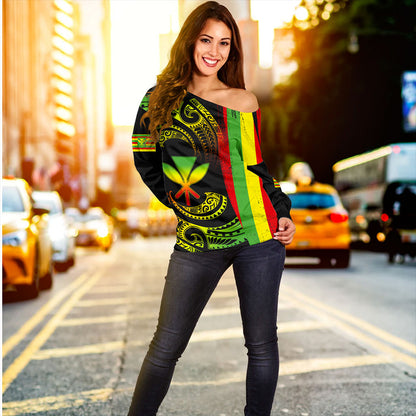 Hawaii Off Shoulder Sweatshirt Kanaka Maoli Tribal Wave Grunge Flag