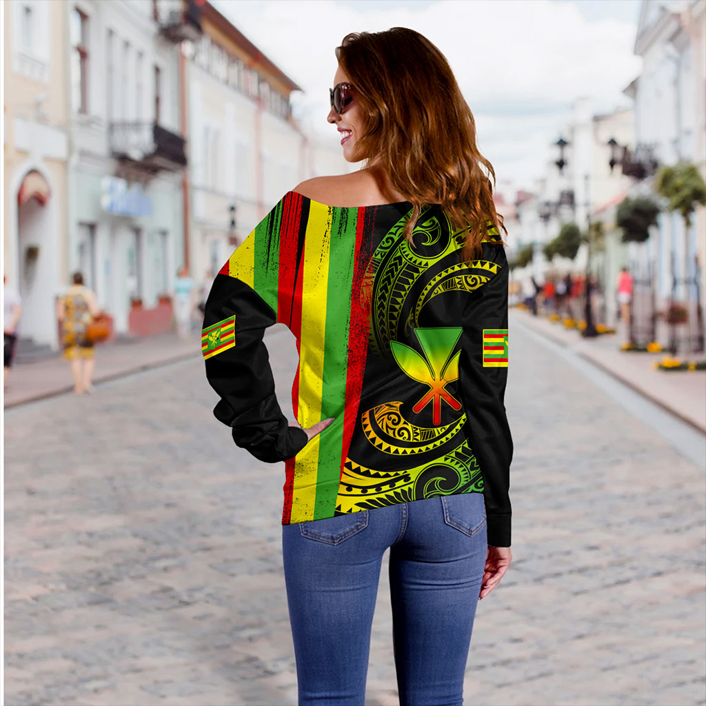 Hawaii Off Shoulder Sweatshirt Kanaka Maoli Tribal Wave Grunge Flag