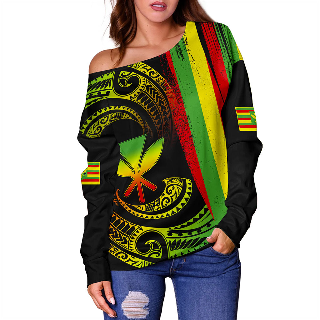 Hawaii Off Shoulder Sweatshirt Kanaka Maoli Tribal Wave Grunge Flag