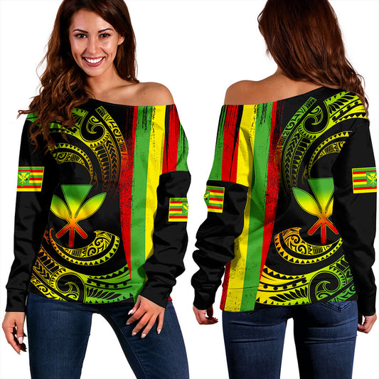 Hawaii Off Shoulder Sweatshirt Kanaka Maoli Tribal Wave Grunge Flag